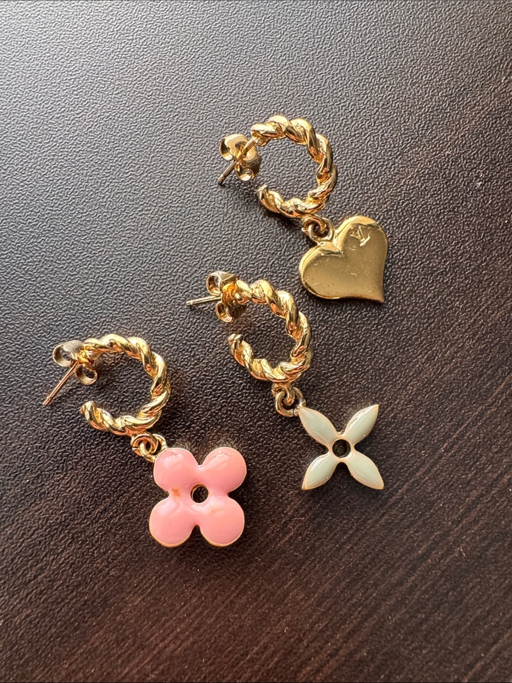 Louis Vuitton Gold Chain Drop Earrings with Gold, Pink & Mint Charms - Picture 2 of 5